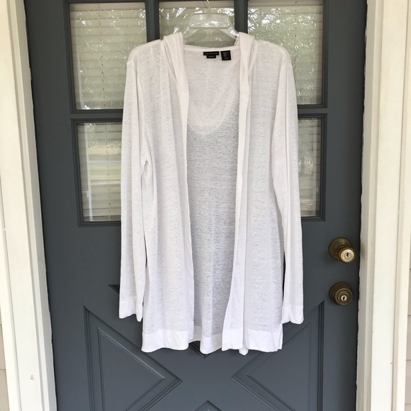 Tahari 100% Linen Ivory Open Front Topper Jacket with Hood Hoodie Size XL - Picture 9 of 9